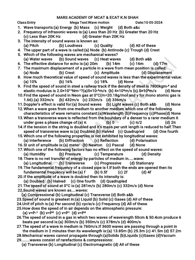 Entry xi wave motion 2024 pdf waves sound