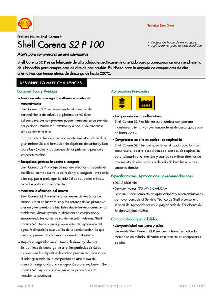 Aceite Shell Corena S2 P 100 para Compresores | PDF | Rodamiento ...