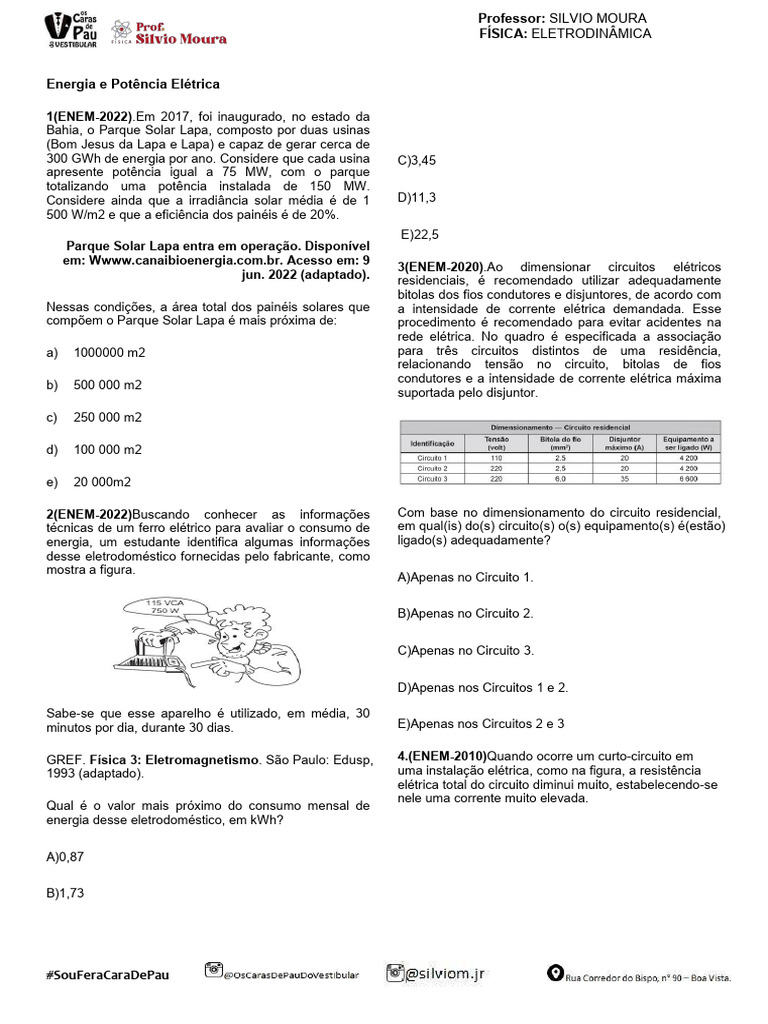 Questões de Eletrodinâmica ENEM | PDF | Lâmpada incandescente | Rede ...