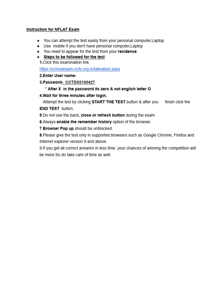 NFLAT Exam Instructions and Login Guide | PDF