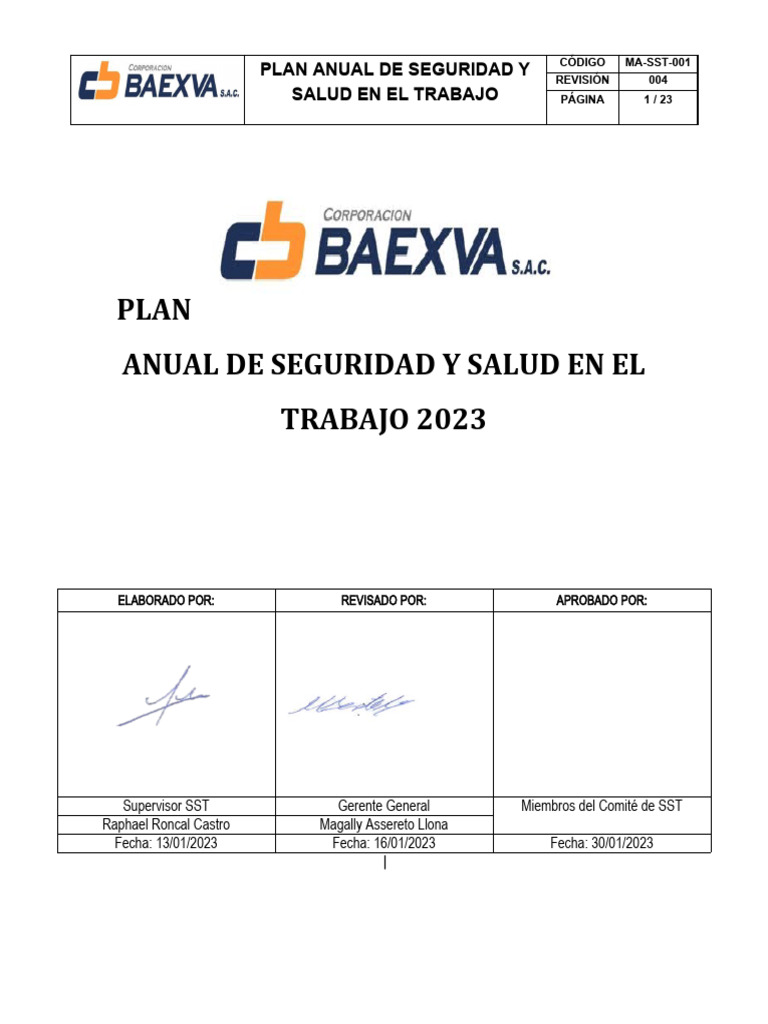 Plan Anual de SST 2023 BAEXVA 23 | PDF | Seguridad y salud ocupacional