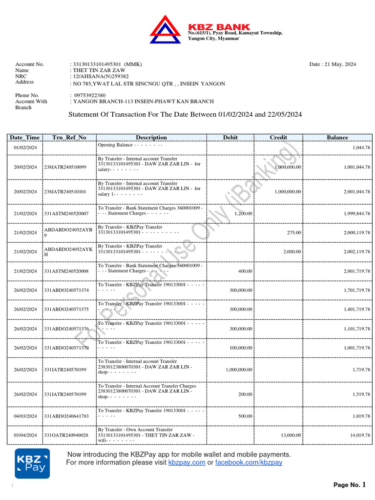 KBZ Bank Statement for Thet Tin Zar Zaw | PDF | Banking | Services ...