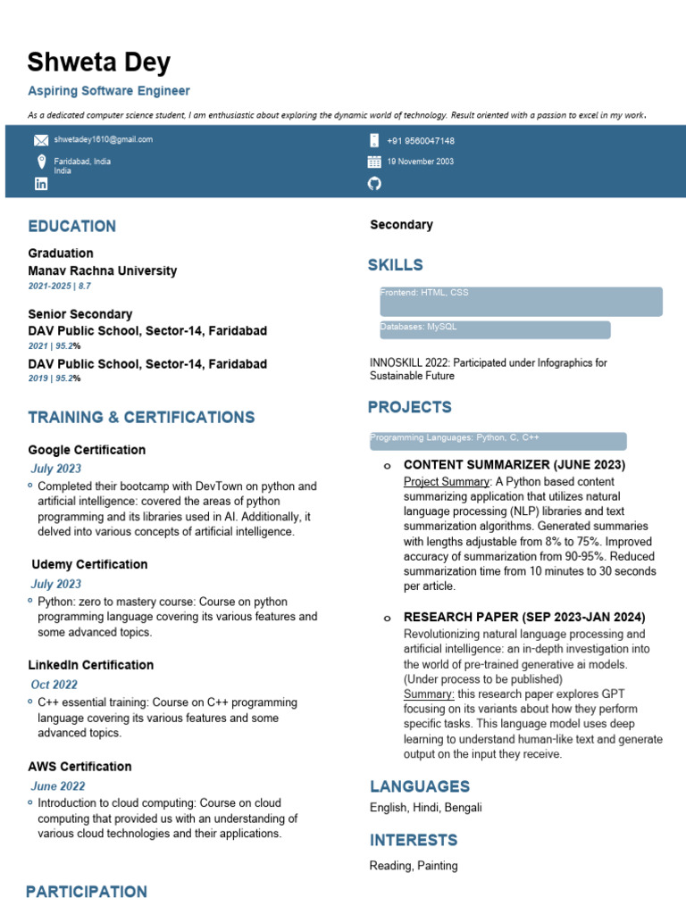 Aspiring Software Engineer Resume | PDF | Artificial Intelligence ...