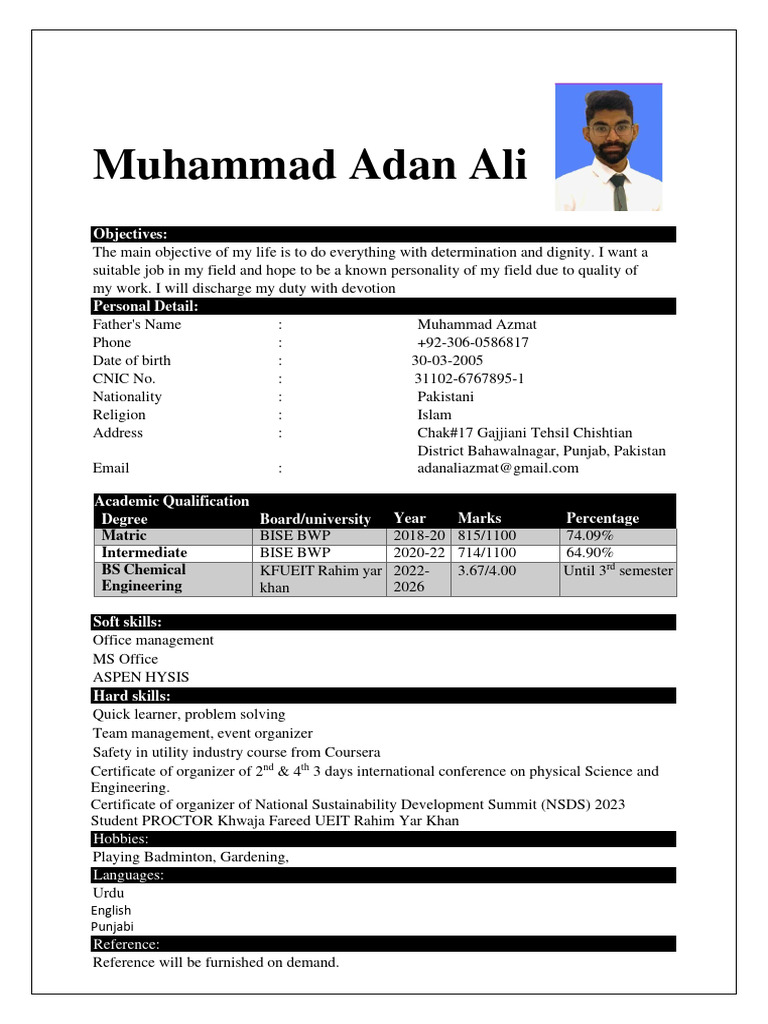 Muhammad Adan Ali - CV & Objectives | PDF