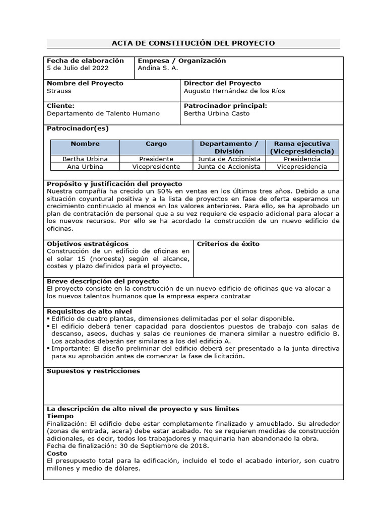 Plantilla Acta Constitución Del Proyecto | PDF | Presupuesto ...