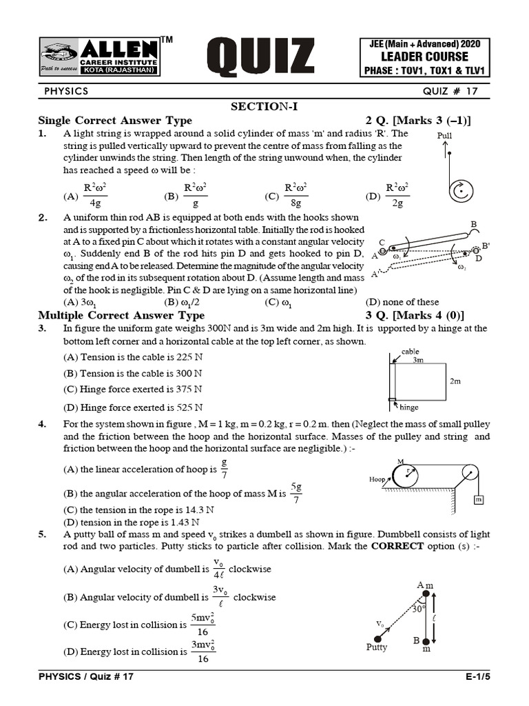 JEE Physics Quiz #17 Solutions | PDF | Rotation Around A Fixed Axis ...