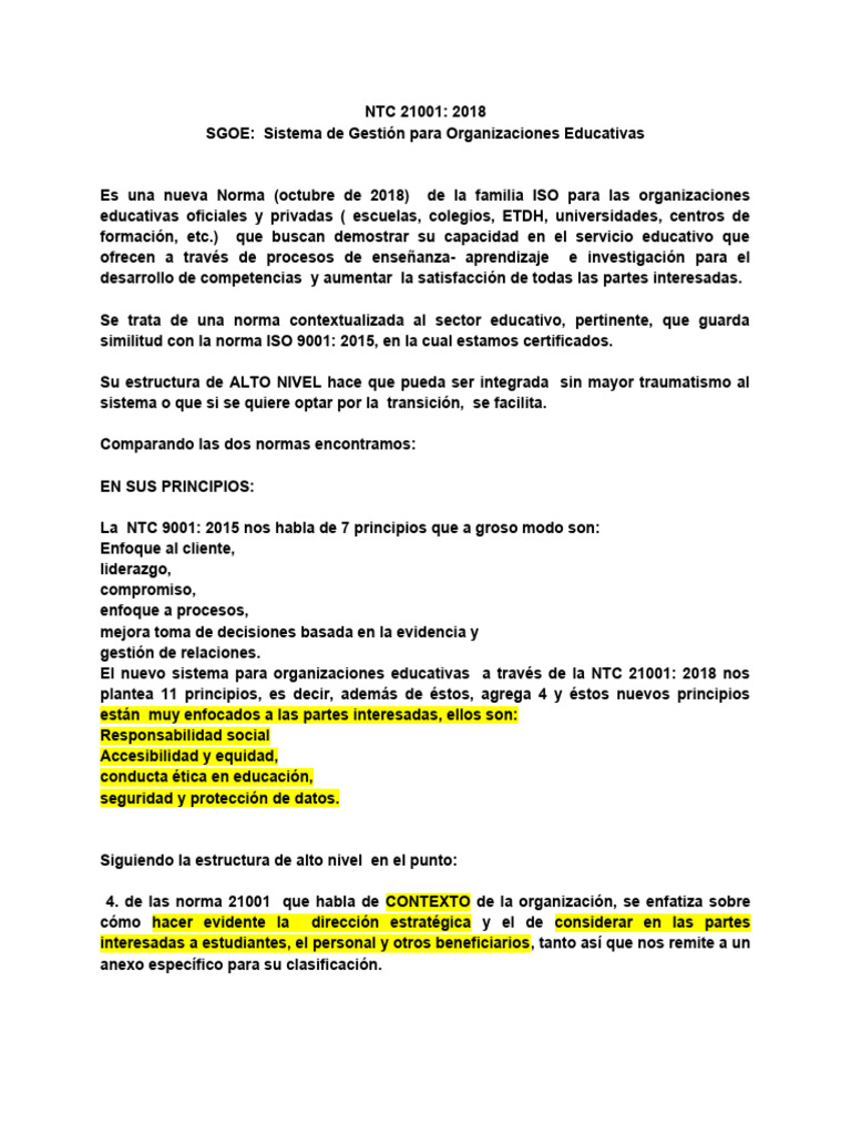 NTC 21001: 2018 para Educación | PDF | Evaluación | Planificación ...