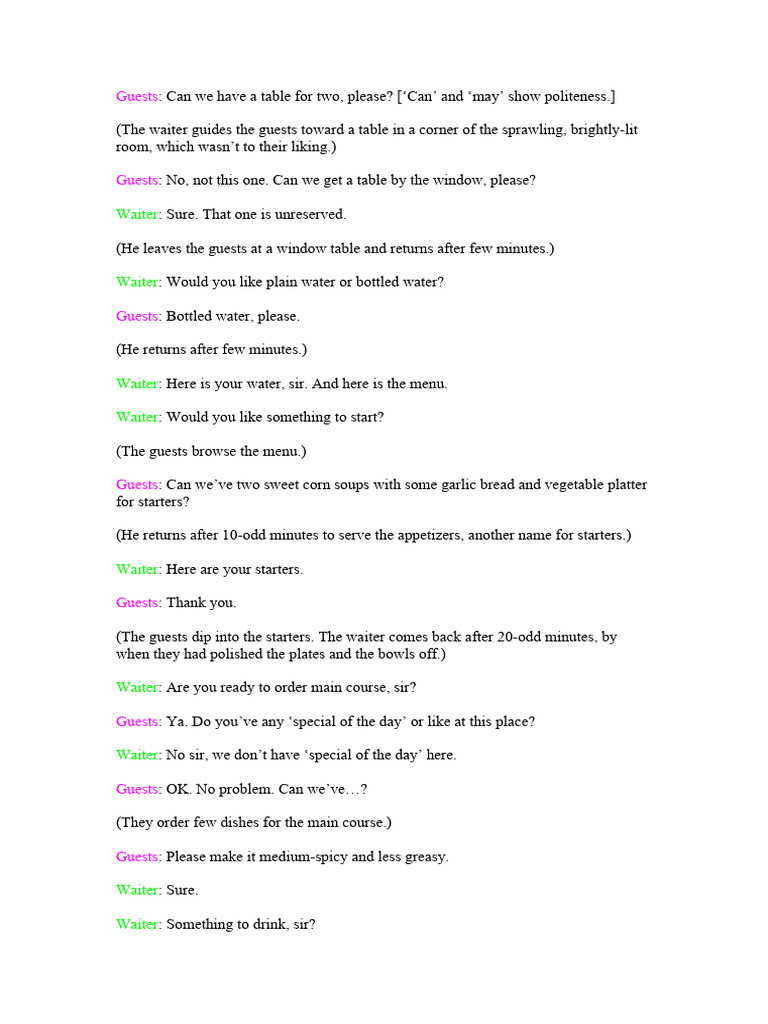 Dining Experience: Guests at a Restaurant | PDF | Waiting Staff | Menu