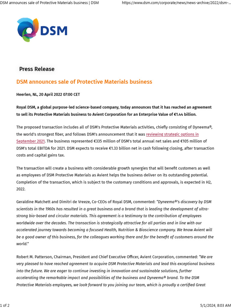 DSM Announces Sale of Protective Materials Business DSM | PDF ...