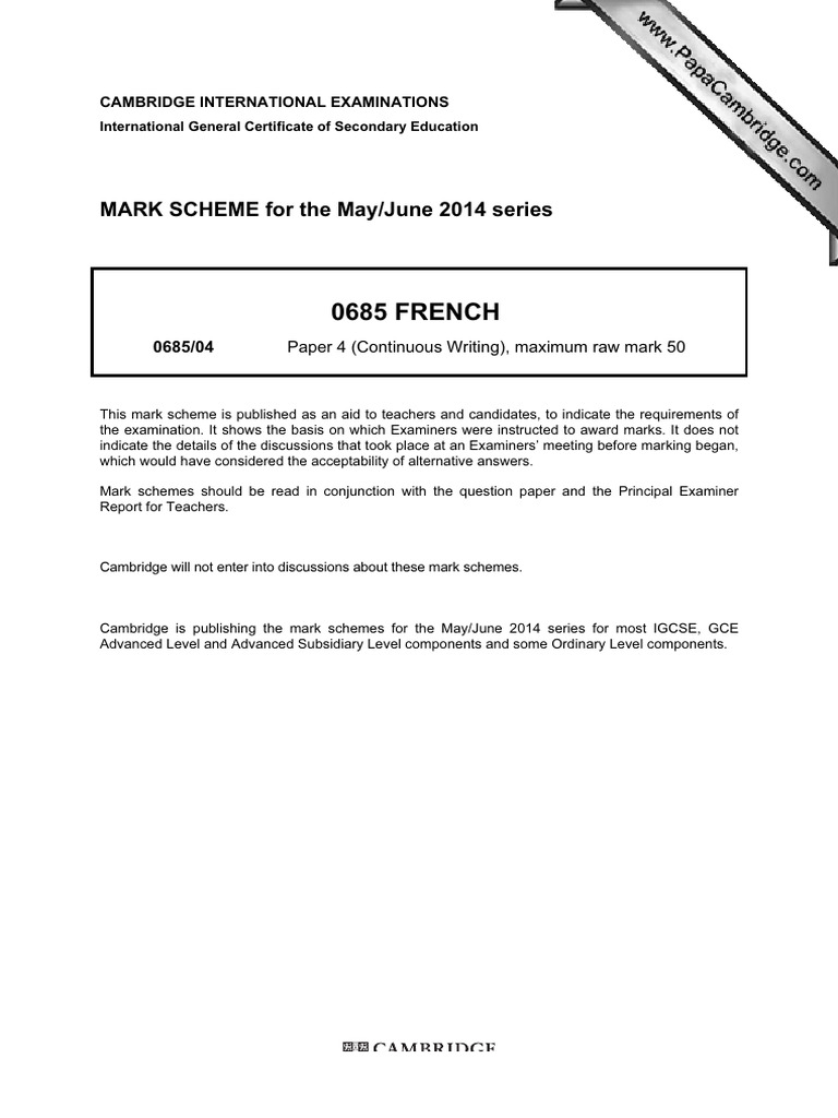 0685 FRENCH: MARK SCHEME For The May/June 2014 Series | PDF ...