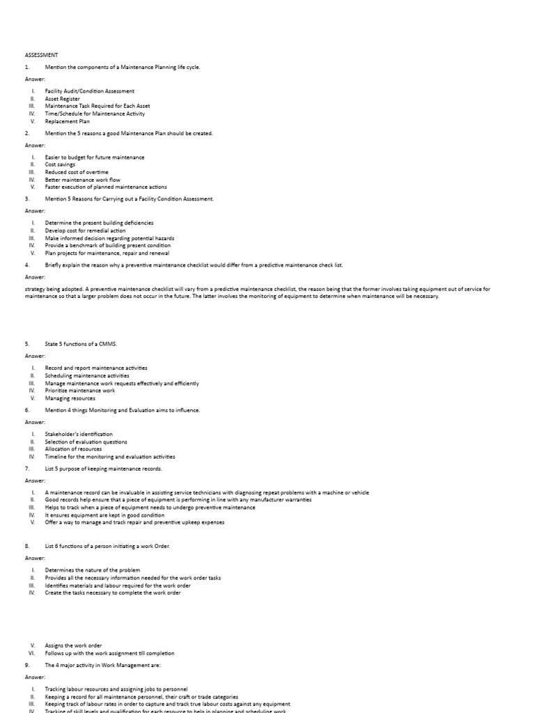 Frank imochi assessment on maintenance planning pdf business