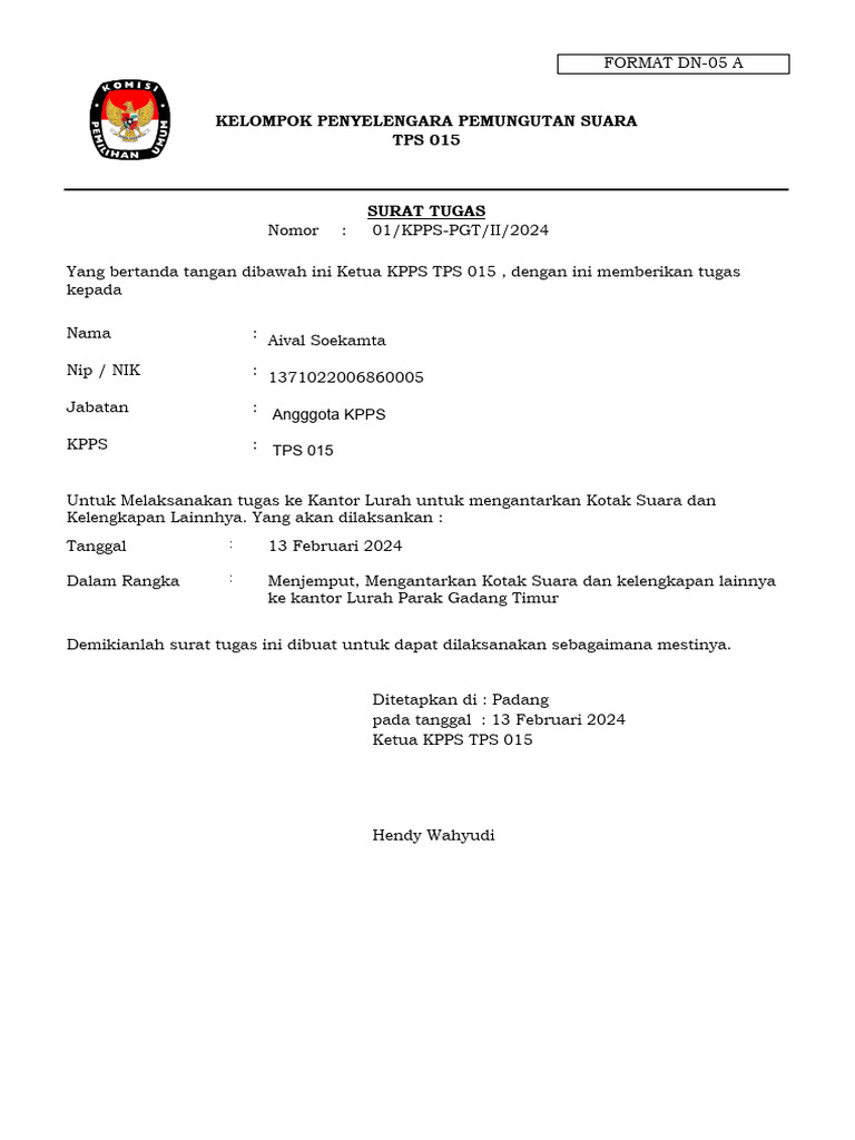 FORMAT DN-05 A Dan DN-05 B (Surat Tugas Dan Kwitansi Penyelesiaan Tugas ...