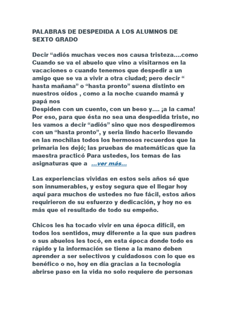 Despedida emotiva a alumnos de sexto grado | PDF