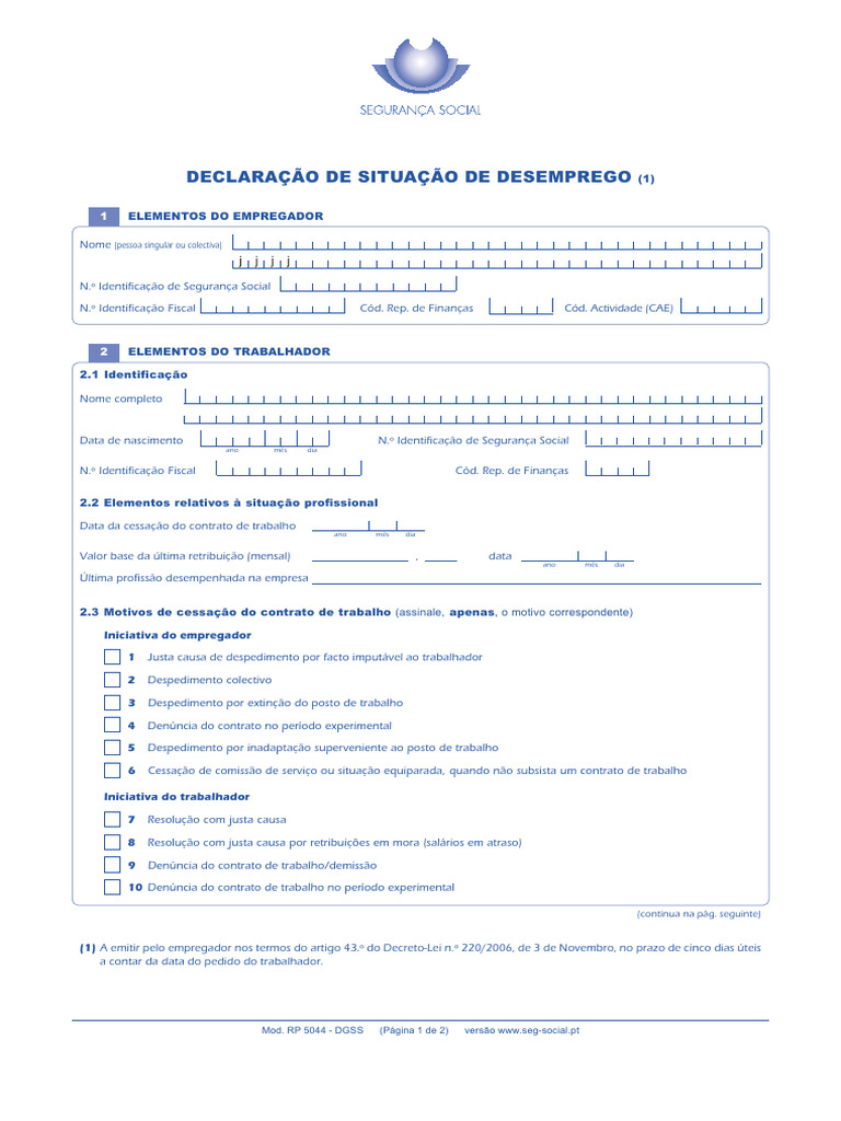 Declaração de Situação de Desemprego RP 5044 | PDF | Insolvência ...