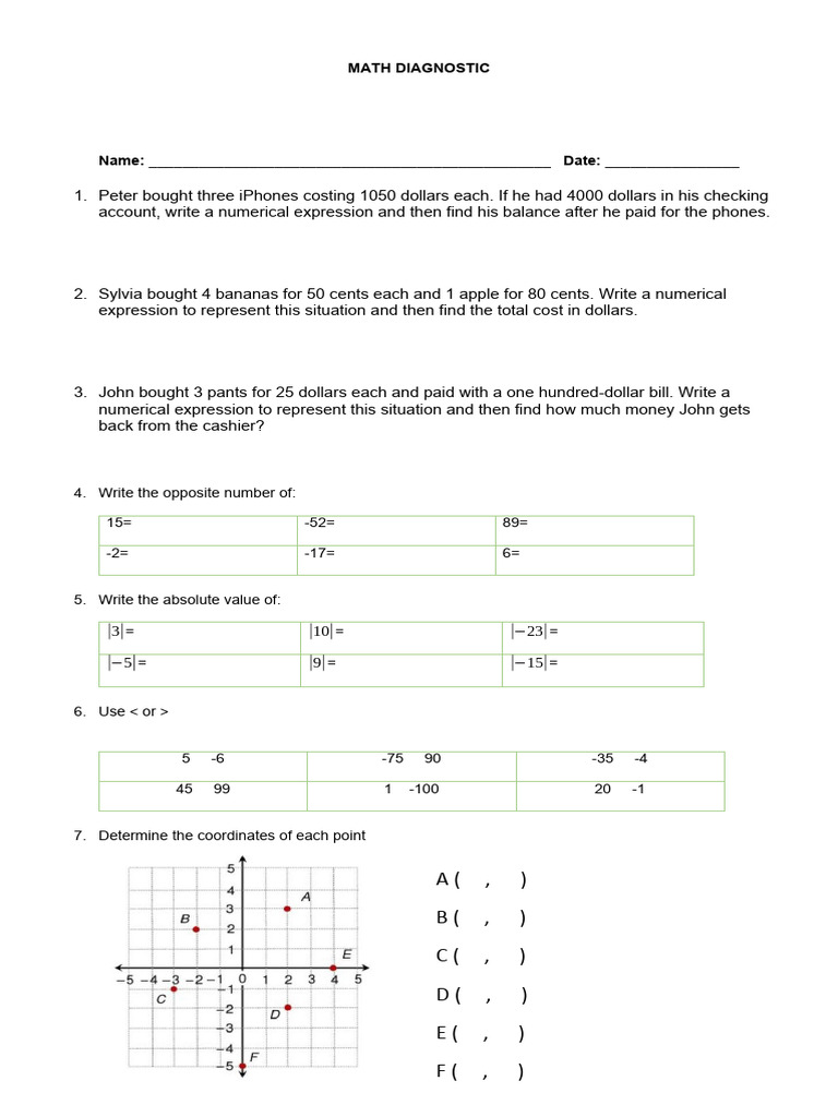 Math Diagnostic Assessment Worksheet | PDF | Multiplication ...