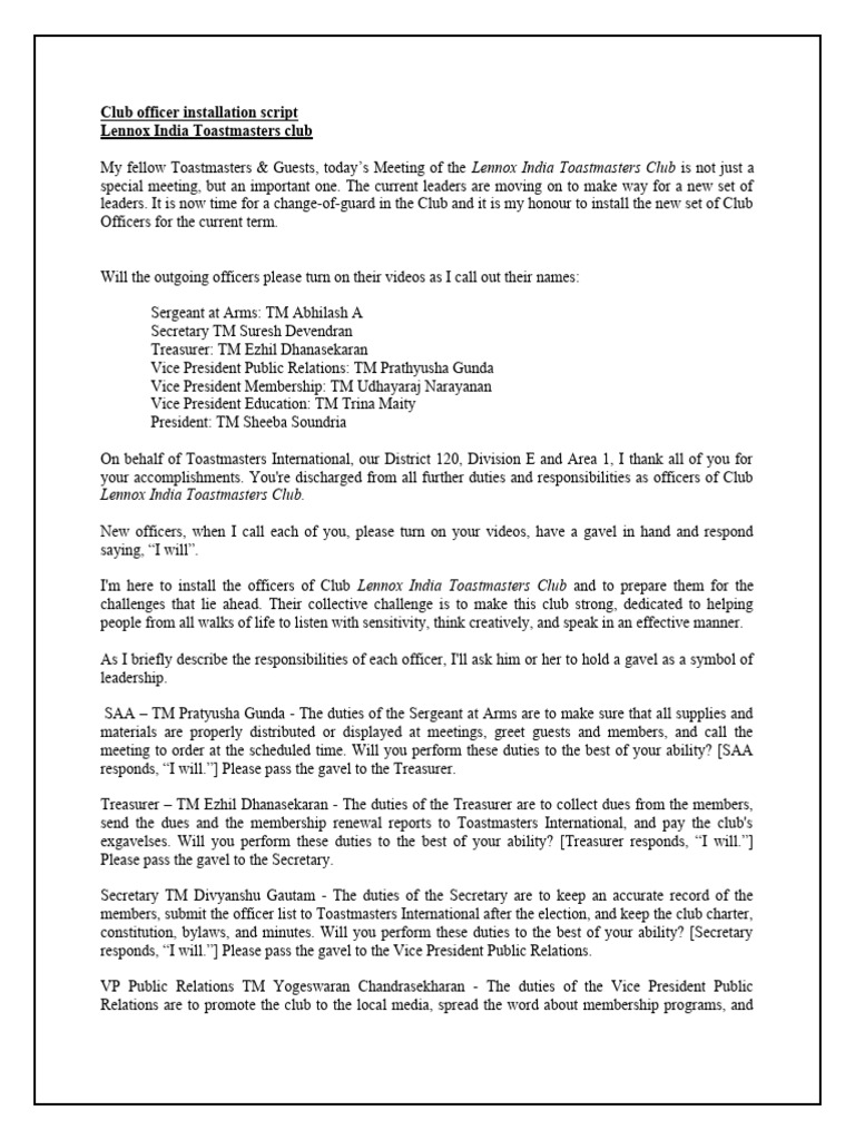 LITC - Club-Officer-Installation-script Final Term 2 | PDF | Sports ...
