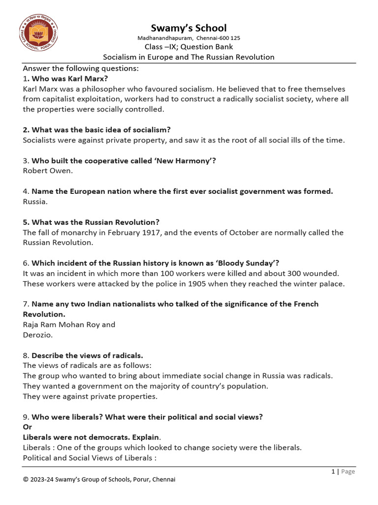 Class IX Question Bank: Russian Revolution | PDF | Socialism | Russian ...