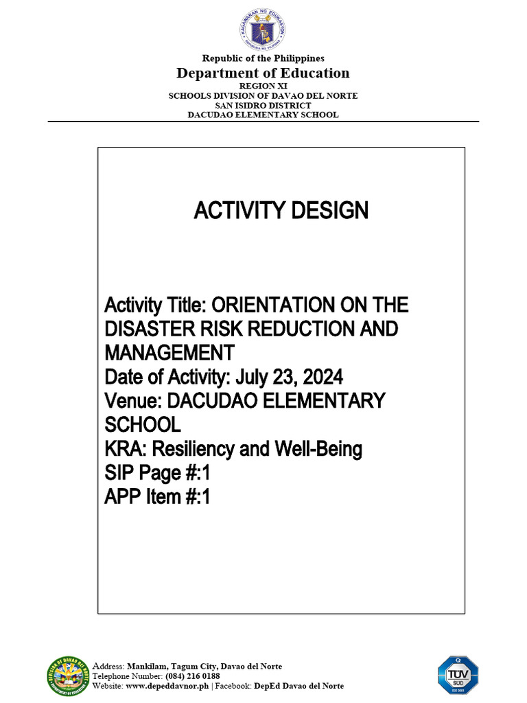 DRRM Orientation at Dacudao Elementary | PDF | Risk | Safety
