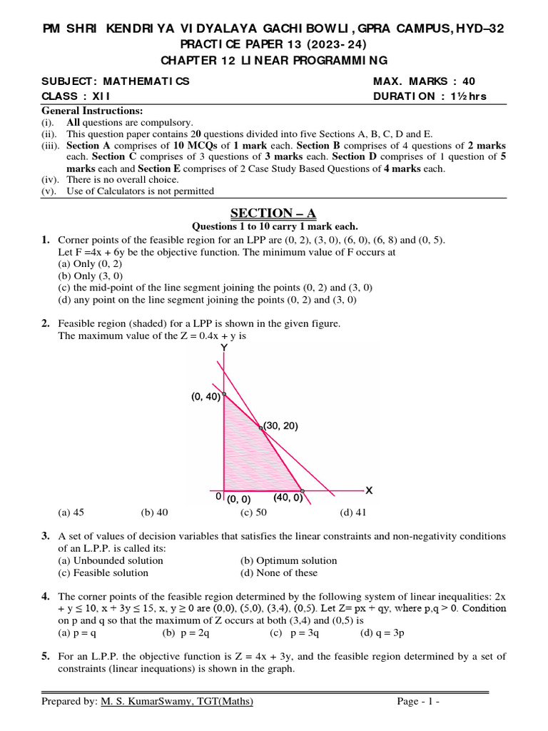 Maths class xii chapter 12 linear programming practice paper 13 pdf