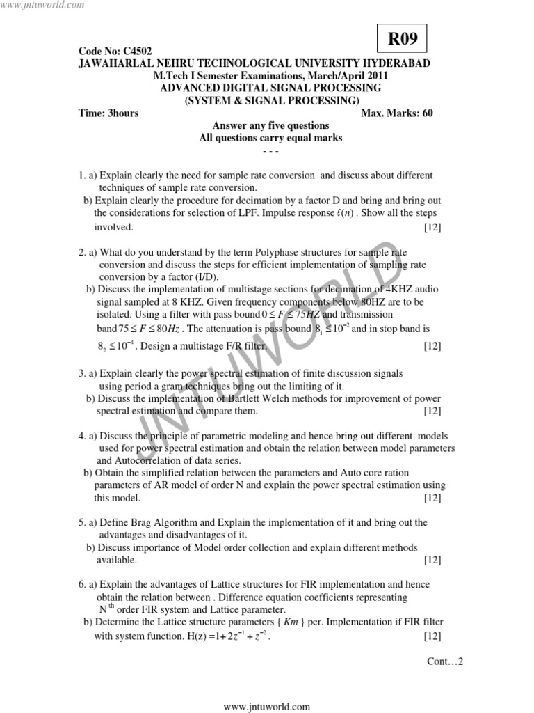 Advanced DSP Exam Questions R09 | PDF | Digital Signal Processing ...