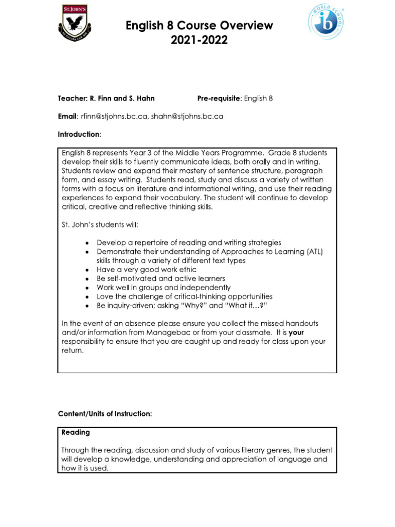 English 8 Course Overview 2021-2022 | PDF