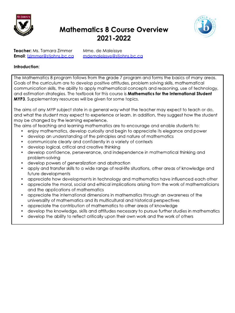 Mathematics - 8 - Course - Overview - 2021-2022 Demaleissye Yeung ...