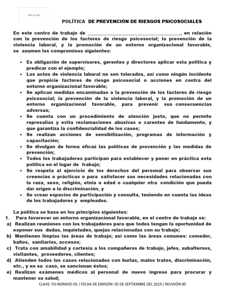 001 FO-NOM035-05 Pol+¡tica de Prevenc Rev 000 | PDF | Violencia