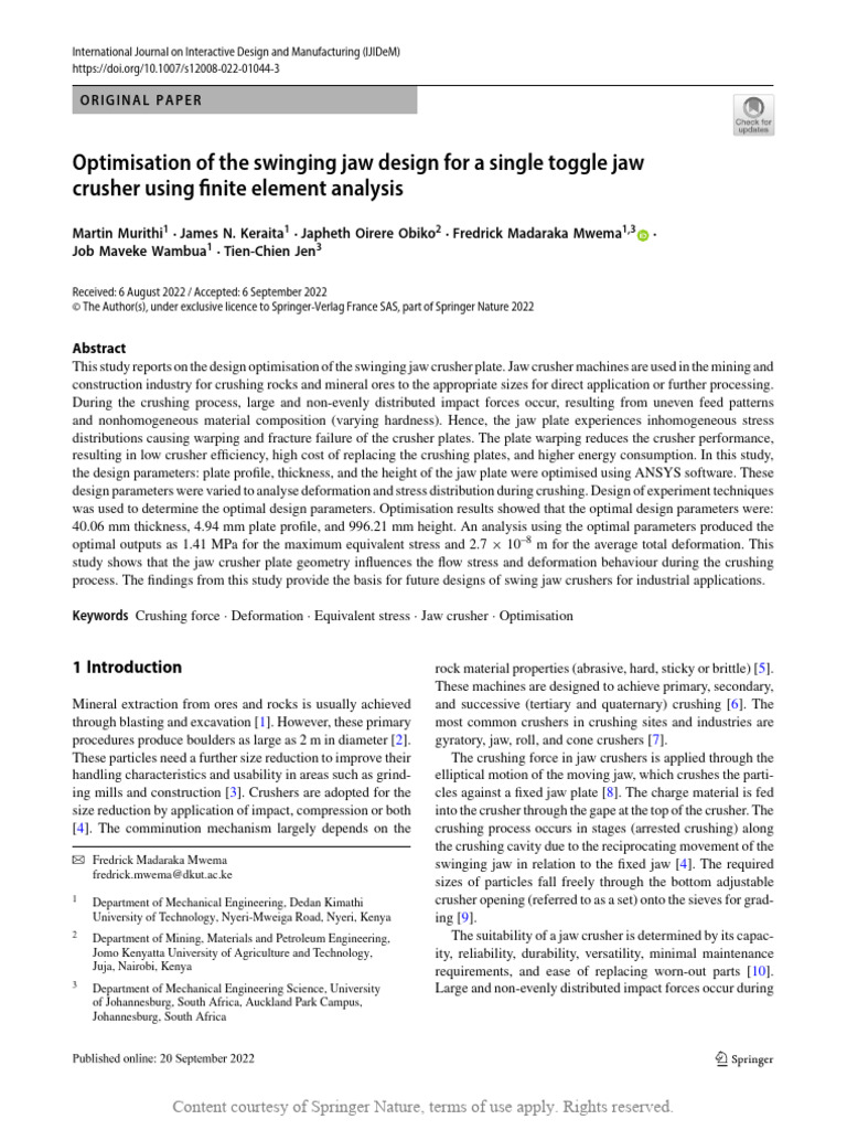 Jaw Crusher Design Optimization | PDF | Strength Of Materials