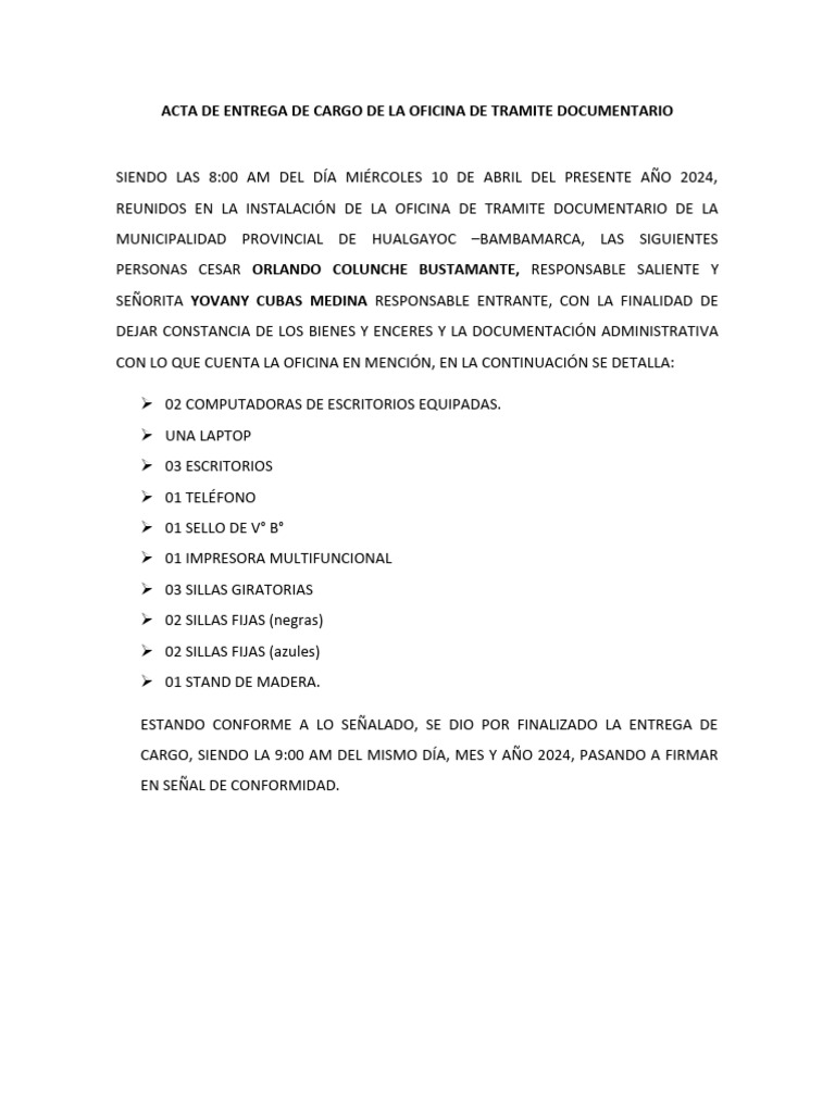 Acta de Entrega de Cargo Municipal | PDF | Finanzas y dinero | Viajes y ...