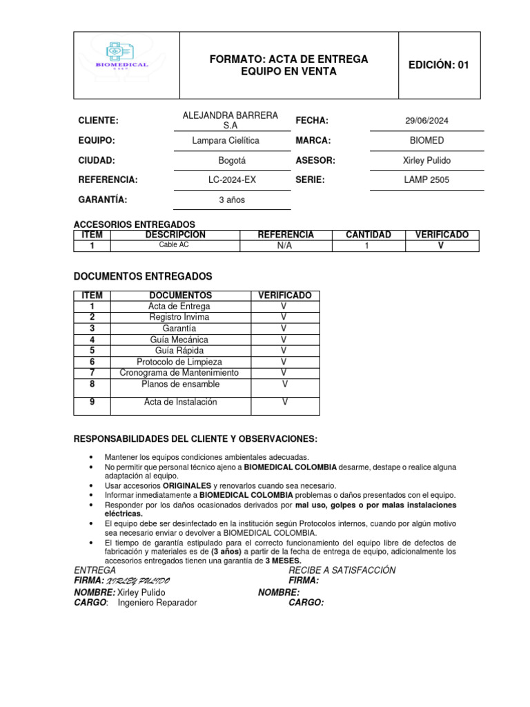 Acta de Entrega Equipo en Venta CLV-190 7307505 | PDF | Tecnología