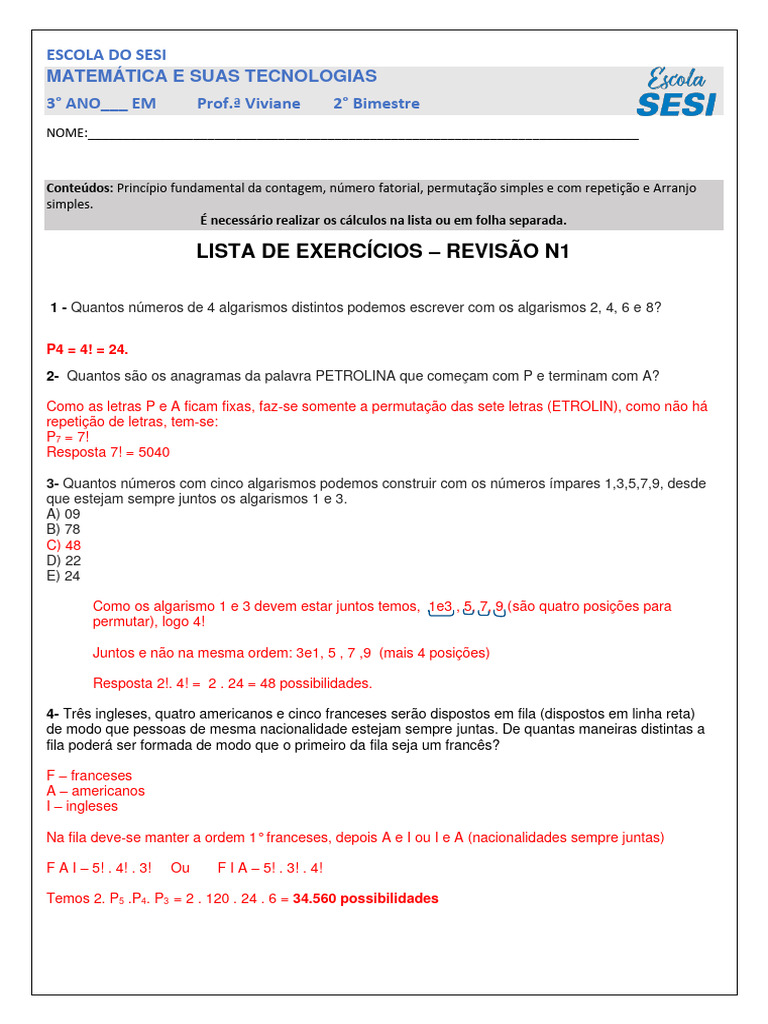 Lista de Exercícios Revisão N1 - Permutação e Arranjo - GABARITO | PDF ...