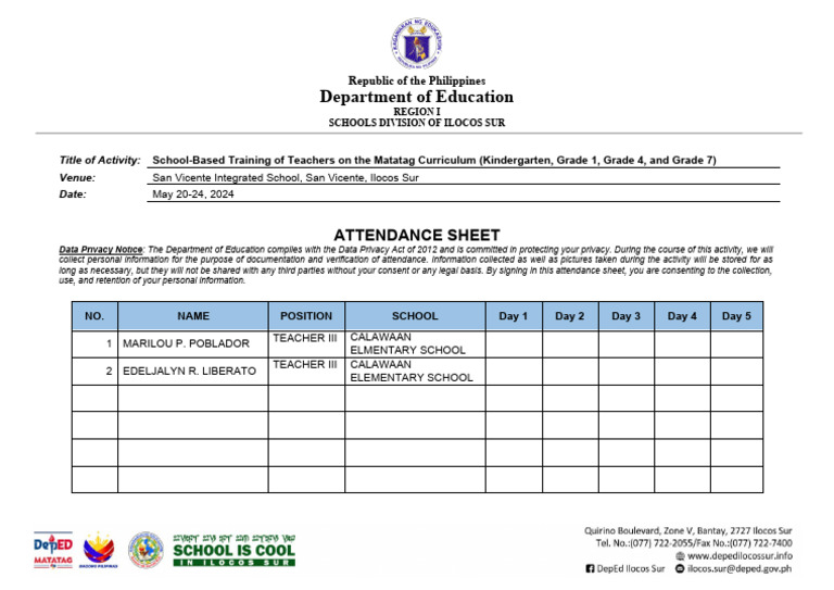 Attendance sheet dtot matatag grade 4 pdf