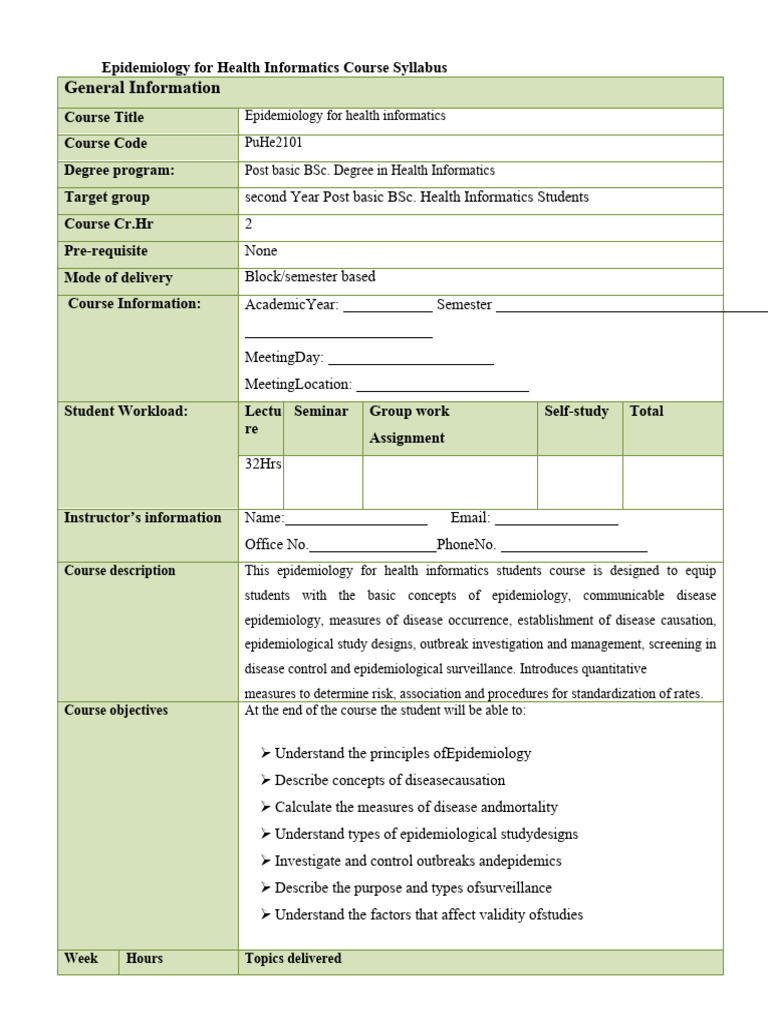 Epidemiology For Health Informatics Course Syllabus Pdf