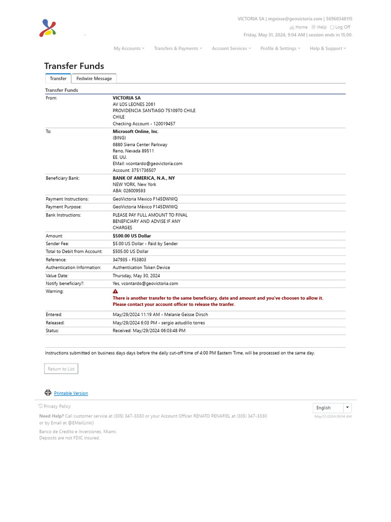 Miami Account Transfer Instructions | PDF | Banks | Service Industries