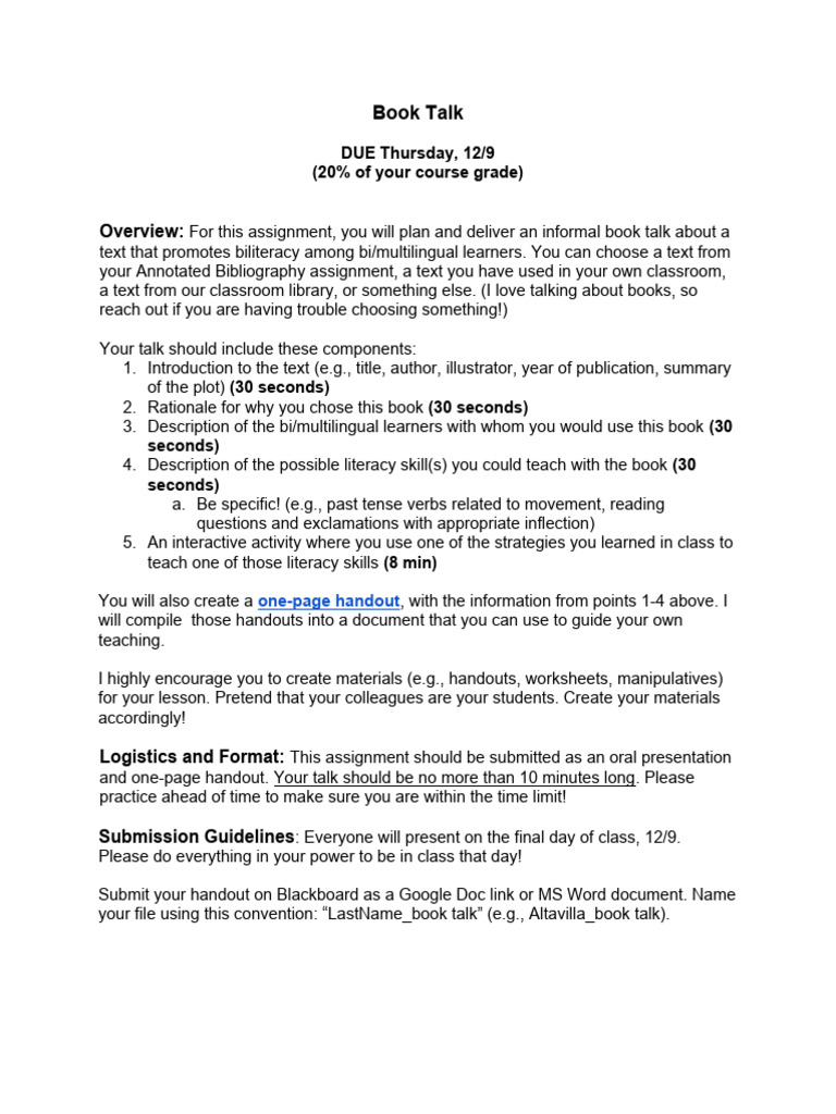 Book Talk Assignment for Biliteracy | PDF | Literacy | Learning