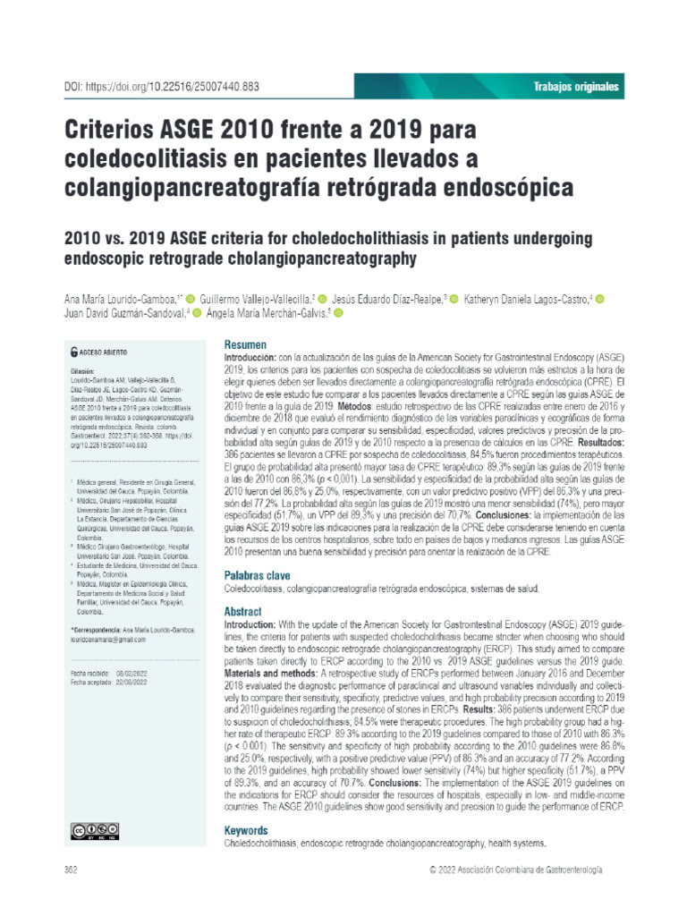 Vista de Criterios ASGE 2010 Frente A 2019 para Coledocolitiasis en ...