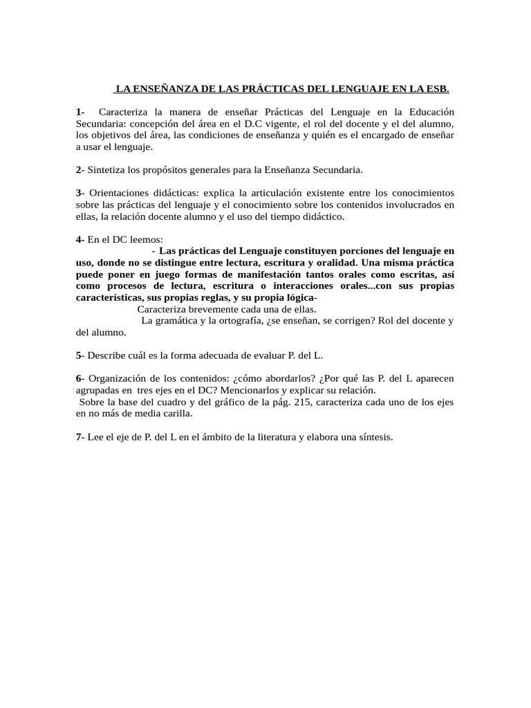 Enseñanza de Prácticas del Lenguaje en ESB | PDF | Artes del Lenguaje y ...