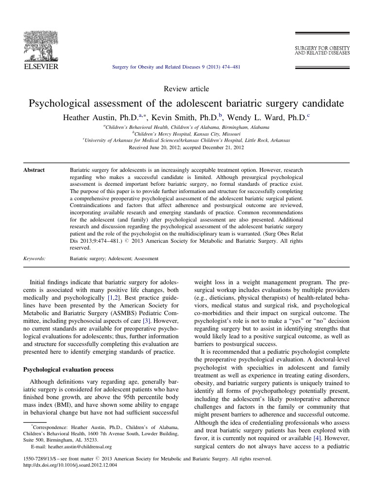Adolescent Bariatric Surgery Assessment | PDF | Surgery | Bariatric Surgery