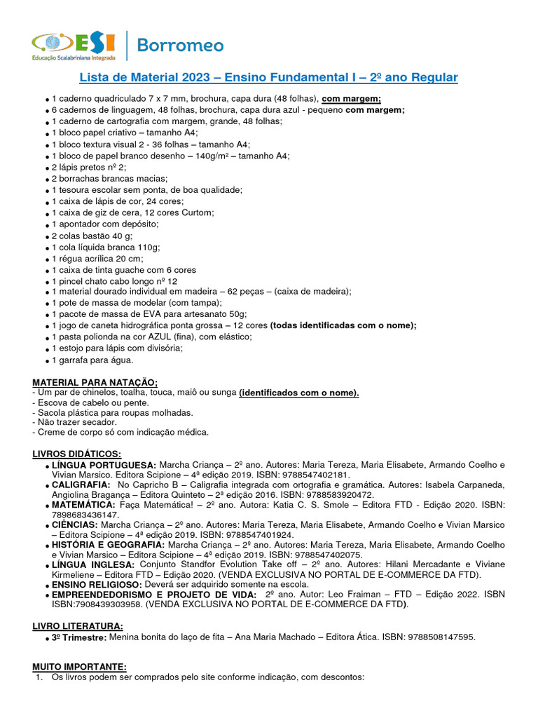 Ensino Fundamental Anos Iniciais Lista de Material 2 Ano Regular | PDF