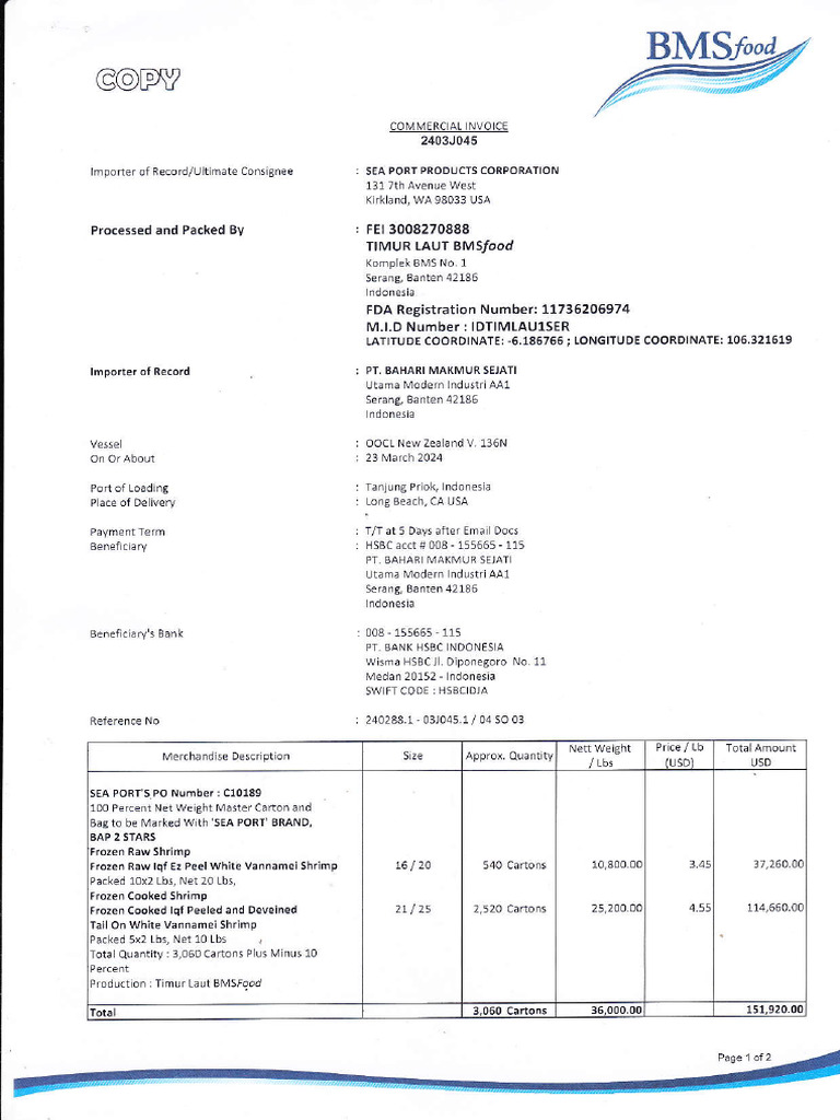 Frozen Shrimp Invoice and Packing List | PDF | Animal Based Seafood ...