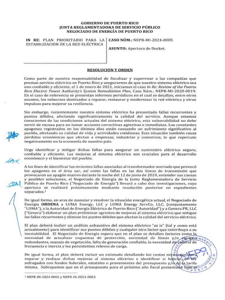 Resolución y orden del Negociado de Energía | PDF | Puerto Rico | Red ...