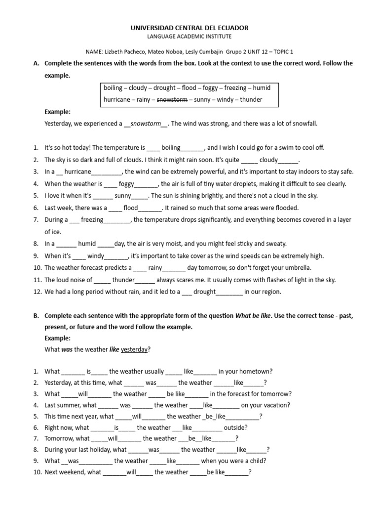 UNIT 12 - ToPIC 1 - Workshop Grupo 2 | PDF | Weather | Sky