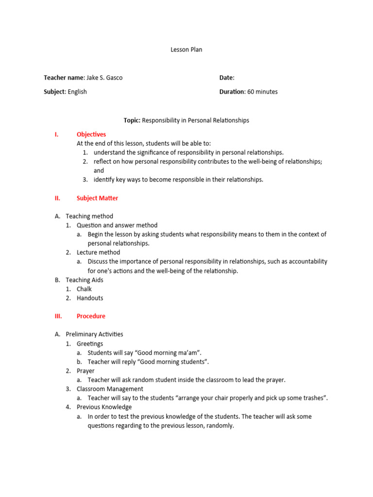 Responsibility in Relationships Lesson Plan | PDF | Empathy | Teachers