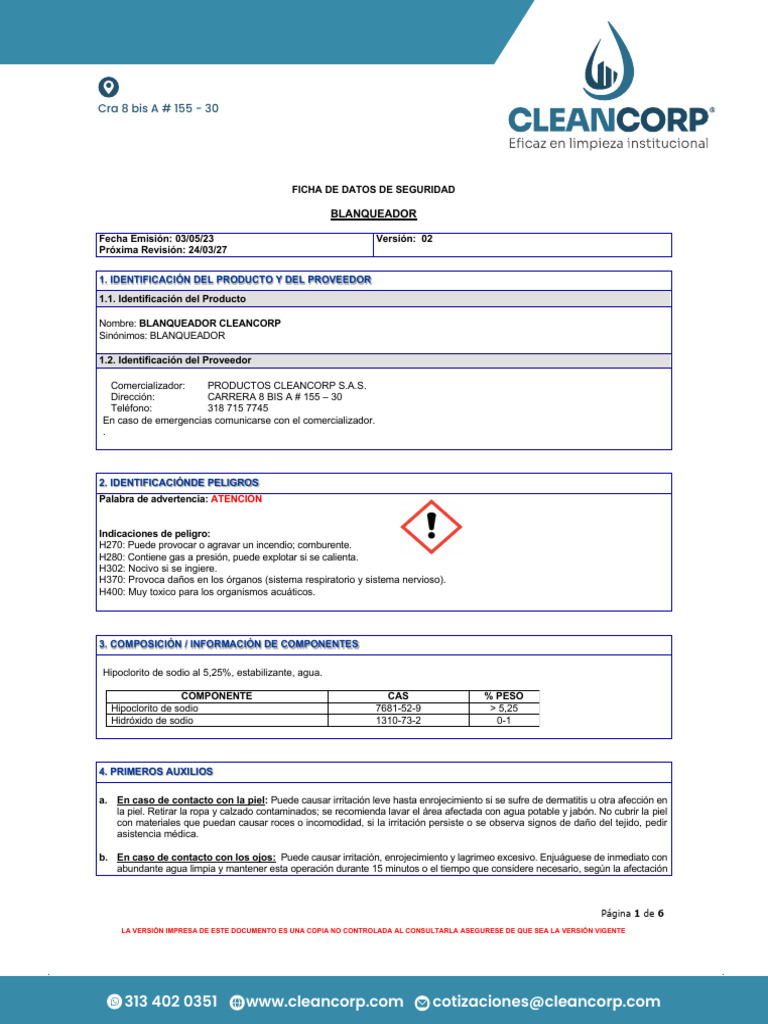 Hoja de Seguridad Blanqueador Cleancorp | PDF
