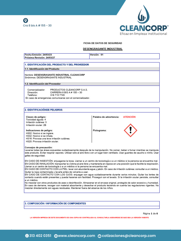 HOJA DE SEGURIDAD DESENGRASANTE INDUSTRIAL CLEANCORP | Descargar gratis ...