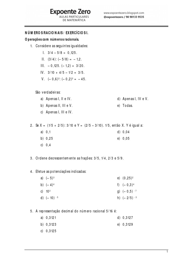 7º ANO - Números Racionais - Operações - EXERCÍCIOS I | PDF | Métodos e ...