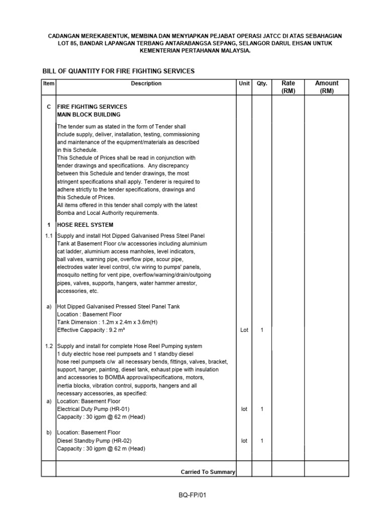 Fire Fighting Services Bill of Quantity | PDF | Pipe (Fluid Conveyance ...