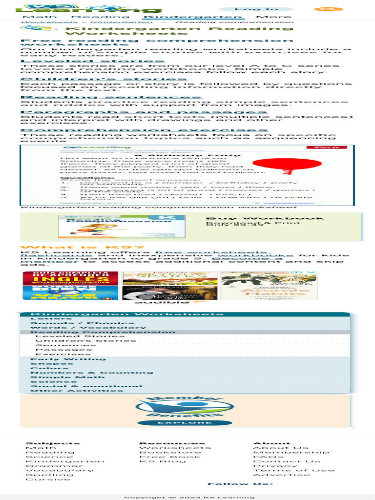 Free Preschool & Kindergarten Reading Comprehension Worksheets K5 ...