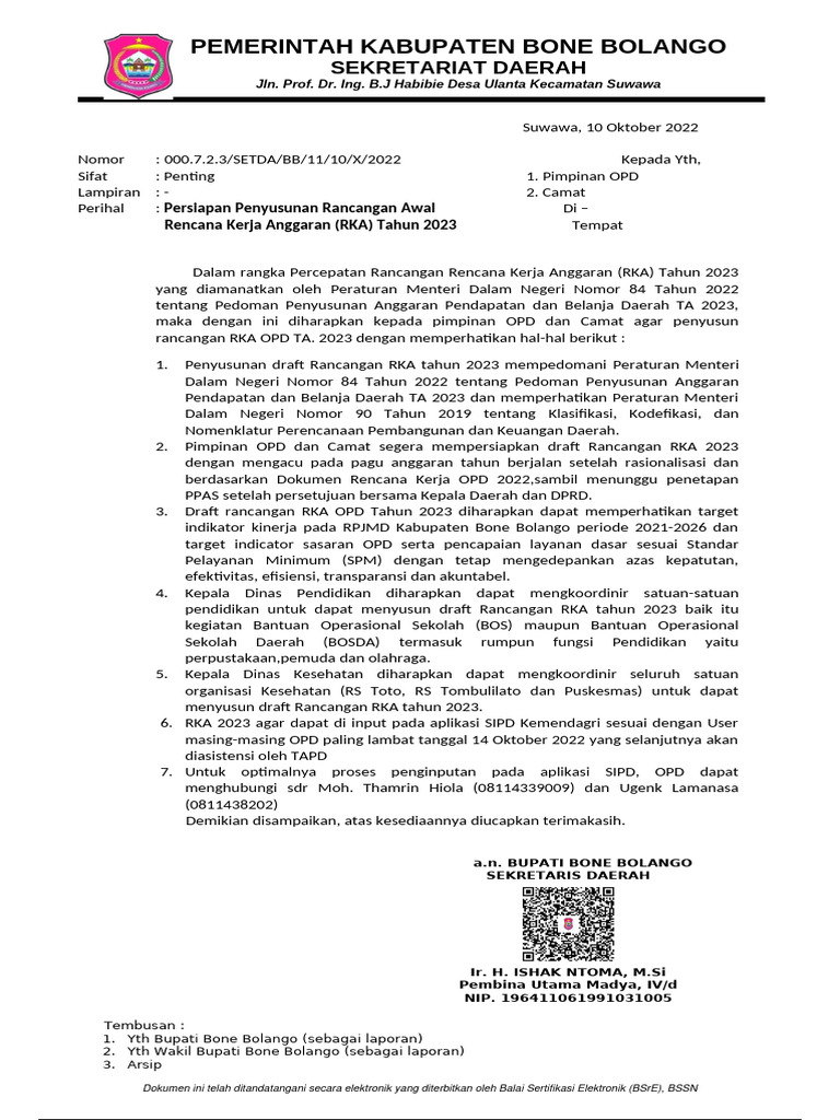 Surat Penyusunan Ranwal Rka 2023 Tte Pdf