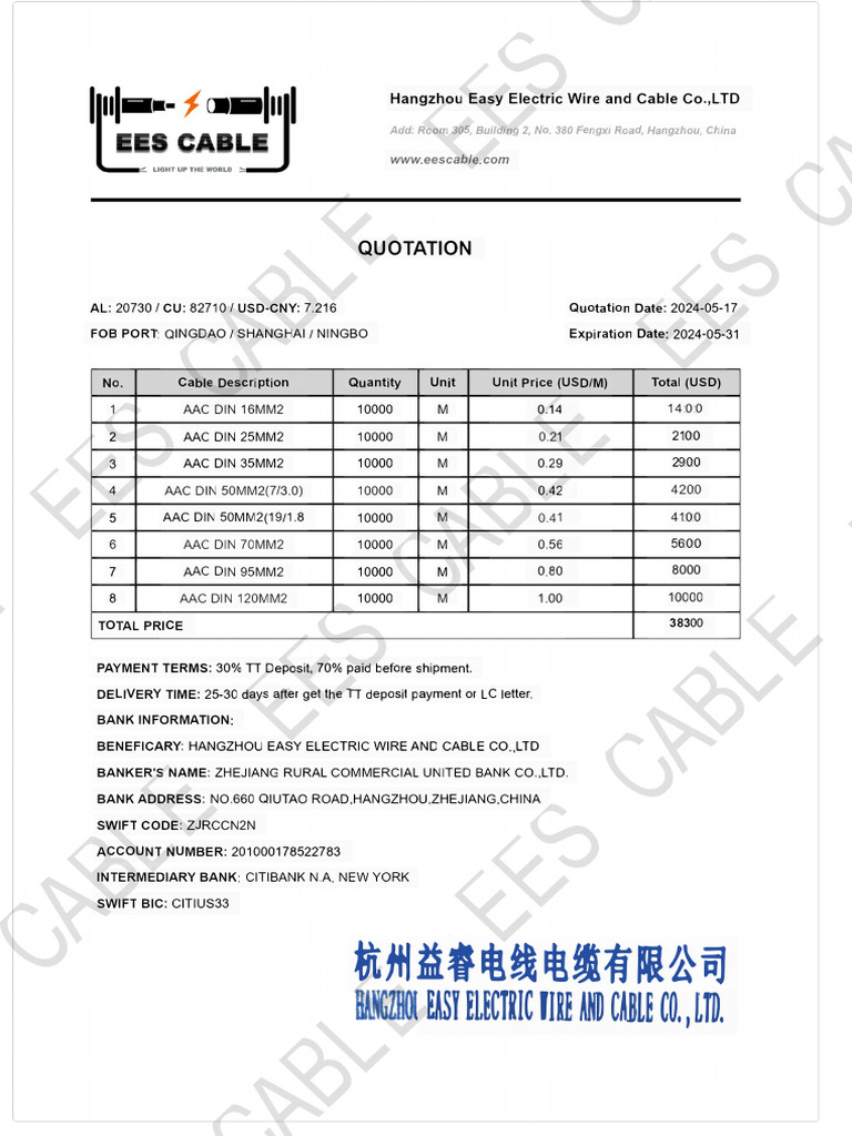 AAC Cable Quotation from Hangzhou Co. | PDF